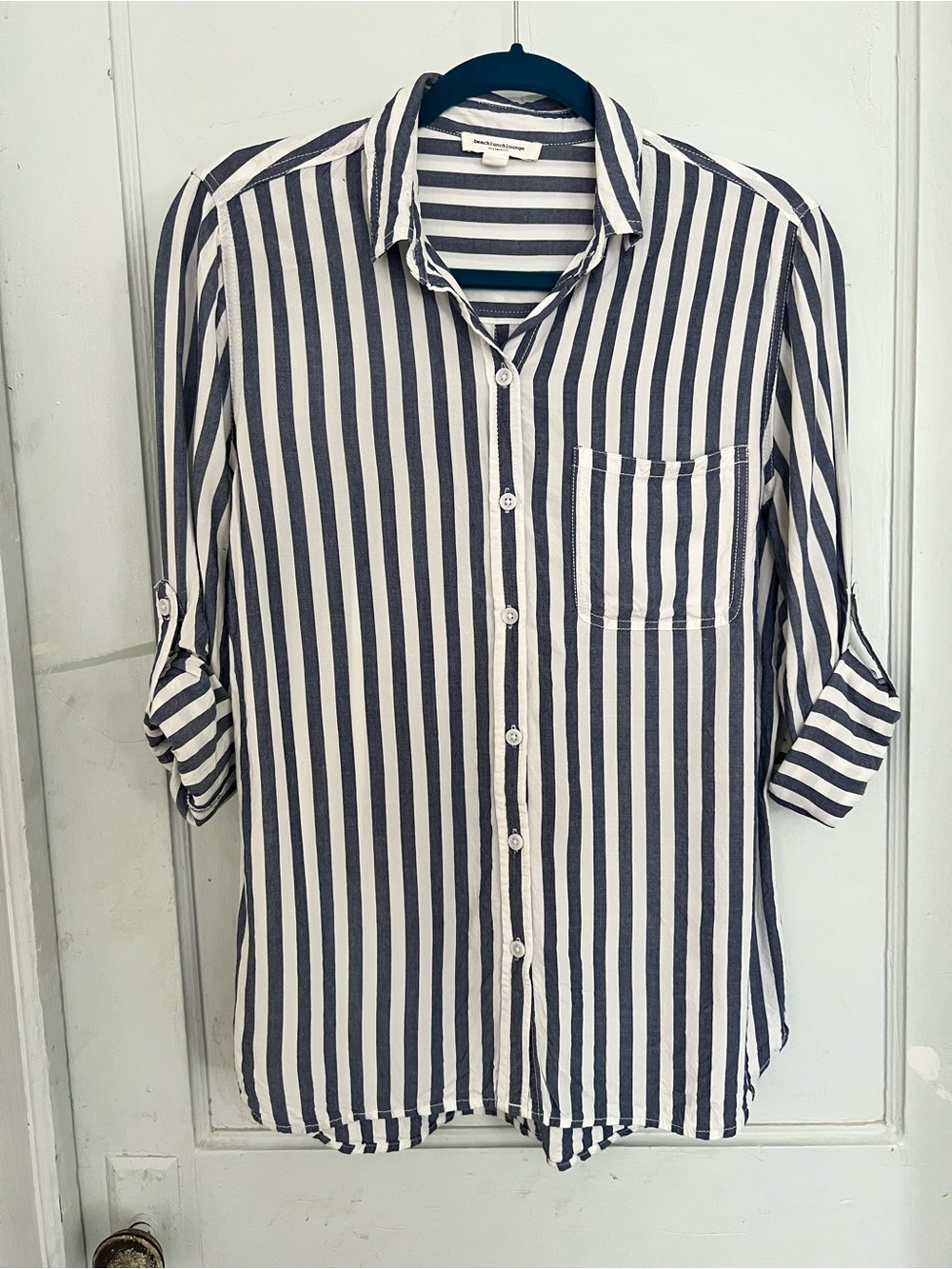 Navy and White Vertical Stripe Button-Up Shirt